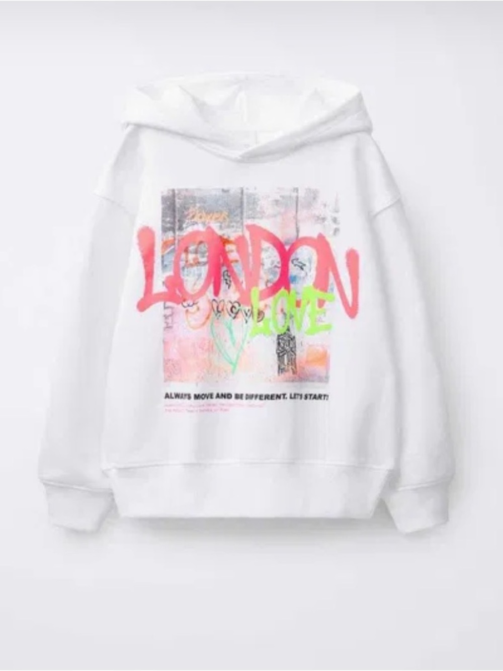 Zara white hoodie featuring "LONDON LOVE" graffiti text